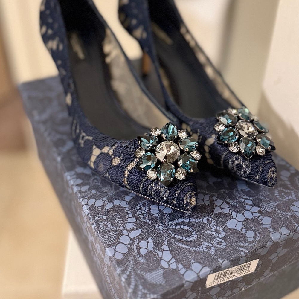 Dolce & Gabanna Navy Lace Women's Shoes with Embellishments